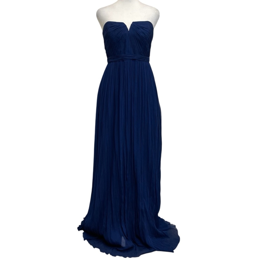 J. Crew Silk Nadia Dark Blue Chiffon Long Pleated Strapless Maxi Gown